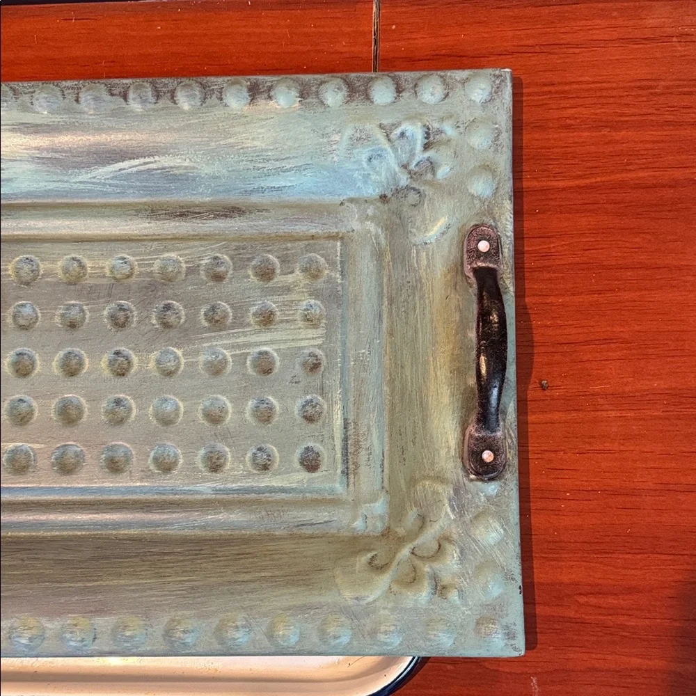 Rustic Metal Tray with Handles Blue Green